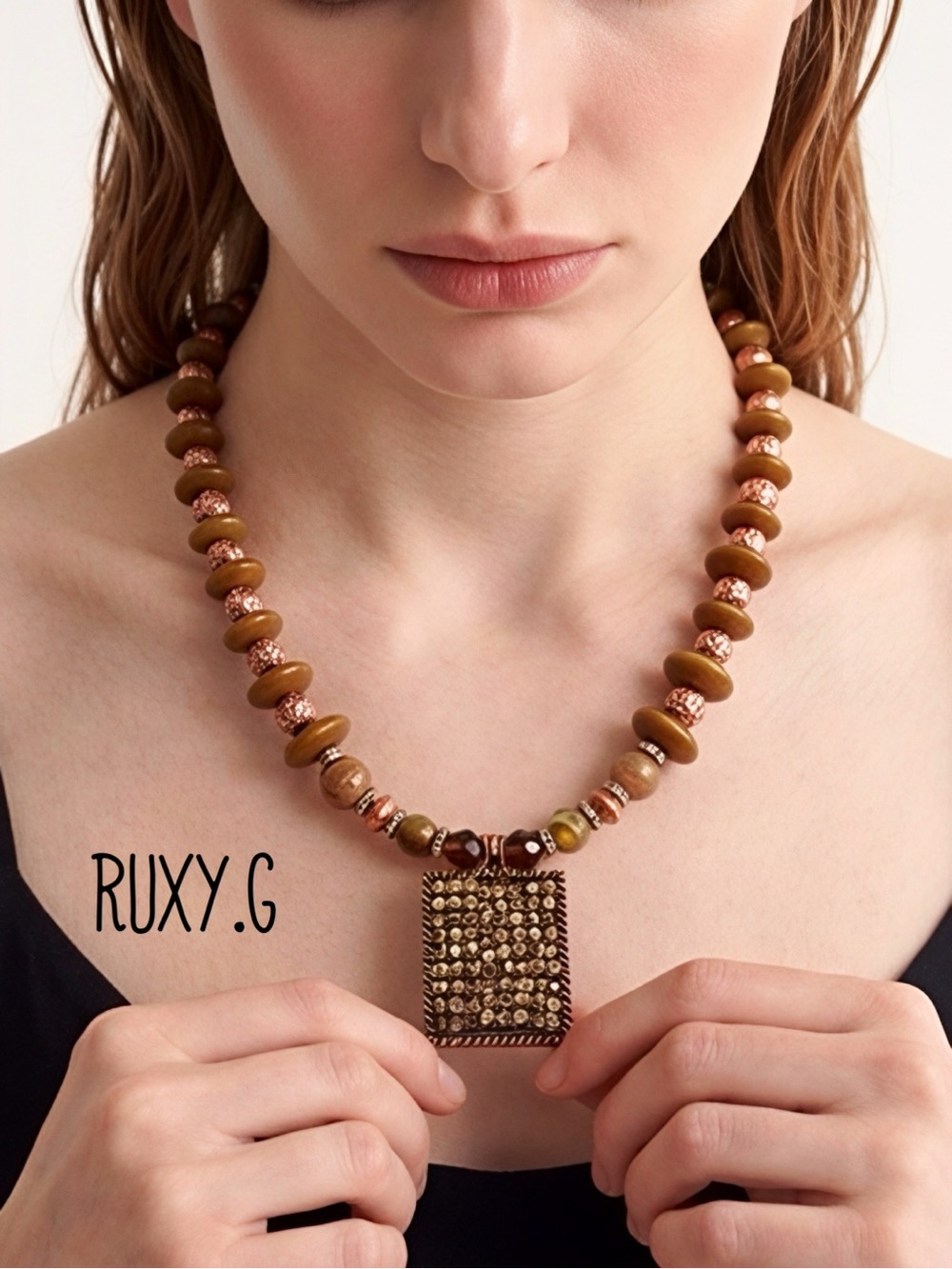 Brown Beaded Statement Necklace with Textured Pendant